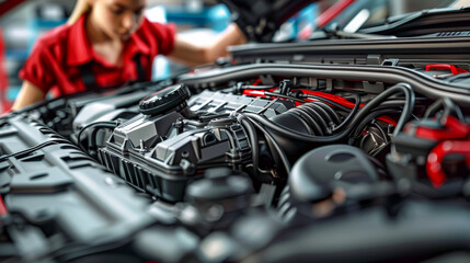 Wall Mural - A woman is working on a car engine