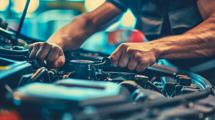 Canvas Print - A man is working on a car engine