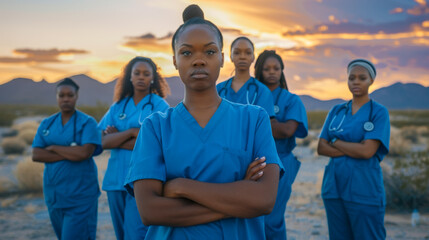 Wall Mural - A group of women in blue scrubs stand in a desert