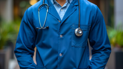 A man in a blue lab coat with a stethoscope around his neck, professional doctor