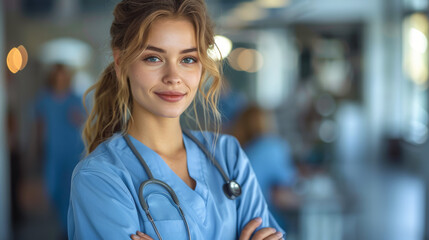 Wall Mural - A woman in a blue scrubs is smiling and posing for a picture, professional doctor