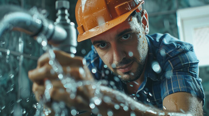 Wall Mural - A man in a hard hat is fixing a broken pipe, professional plumber