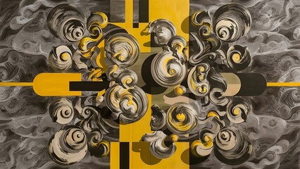 Wall Mural - Abstract background, combines baroque and cubism styles, gray and yellow colors