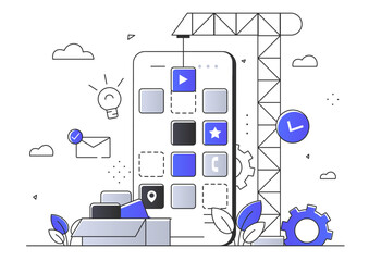 Wall Mural - Application development concept. Smartphone with mobile programs and application. Front and back end development. Programming of software at device. Linear flat vector illustration