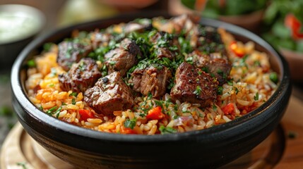 Wall Mural - Closeup of Savory Rice Dish with Meat and Herbs