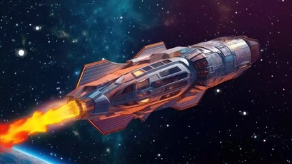 Wall Mural - Futuristic spaceship flying through space with fiery thrusters, animation background loop