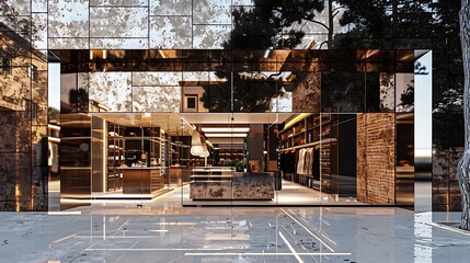 high-end boutique with a facade of mirror-polished bricks, creating a reflective surface that catches the eye of every passerby