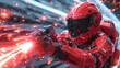 © DARIKA - The red team in action, competing in a futuristic arena with high-tech gear and intense energy, highlighting the excitement and competitiveness of the event. Illustration, Minimalism,