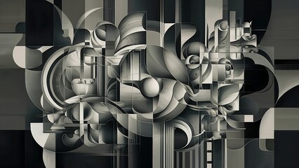 Wall Mural - Abstract background, combines baroque and cubism styles, gray and black colors