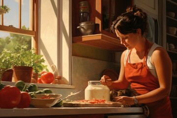 A housewife wearing an orange apron prepares food in the kitchen, with a cat nearby.