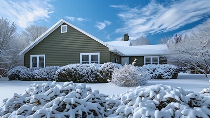 home featuring vinyl siding in a rich, dark green, framed by snow-covered bushes and a frosty blue sky, illustrating its timeless beauty and effectiveness in cold weather