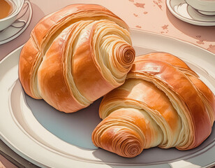 Sticker - Two golden brown croissants on a plate, with a blurred background