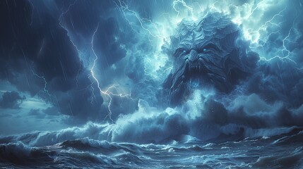 A colossal titan emerging from a stormy sea, with waves crashing around it and lightning illuminating the sky, creating a dramatic and powerful visual. Illustration, Minimalism,