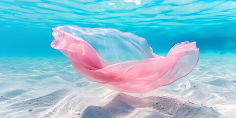 Wall Mural - Pink chiffon drifting gracefully underwater among blue corals and white sand. Concept Underwater Photography, Fashion in Water, Textured Backgrounds, Flowing Fabrics, Oceanic Elegance