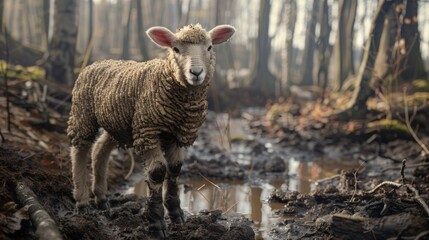 Wall Mural - A small white sheep stands in a muddy stream. Generate AI image
