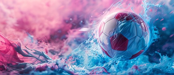 Wall Mural - Soccer ball in pink and blue paint splash.