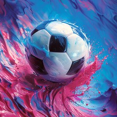 Wall Mural - Soccer Ball Splashing in Pink and Blue Paint.