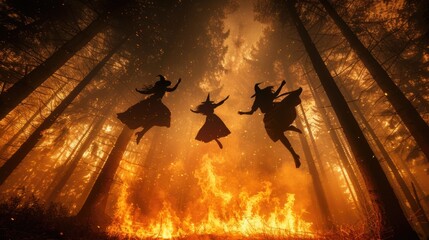 Two witches soar through the air over a blazing fire in the midst of a forest.
