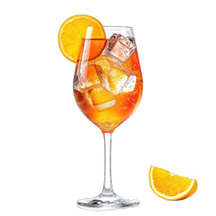 Wall Mural - Classic Aperol Spritz Cocktail in Crystal Glass Background, Highlighting Effervescent Bubbles, Vibrant Orange Hue, and a Slice of Orange Garnish. Isolated on a Transparent Background. Cutout PNG.