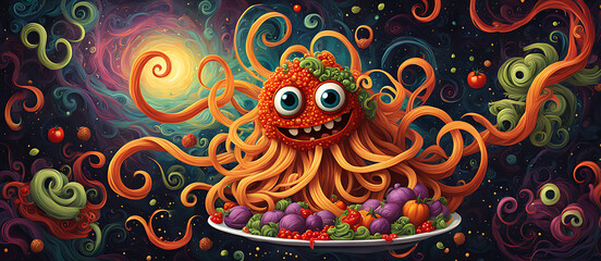 Wall Mural -  Spaghetti monster pasta flying halloween funny food pastafarian sauce cartoon. Pop spaghetti pasta monster dish scary head art spooky fun meatball humor tomato isolated atheist religious lunch holy. 