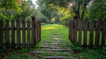 Wall Mural - Wooden Gate Leading to a Sunlit Path in a Lush Green Garden