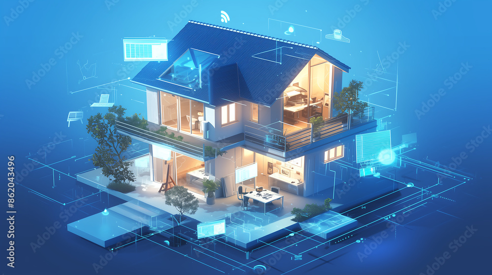 An isometric view of a smart home, featuring various connected devices ...