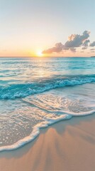 Beautiful beach views, white sand and turquoise ocean with the sun setting in the distance create a breathtaking view and the sky is clear and cloudless, capturing the tranquility of nature