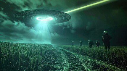 Canvas Print - Crop circle beneath witnesses watch an alien abduction beam of light illuminating the scene in night vision