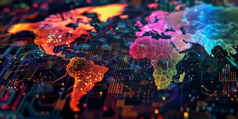 A colorful digital world map on top of an intricate circuit board, representing global connectivity and the power to shape technology's impact in various countries