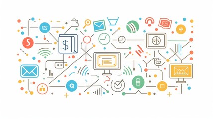 a flat vector illustration of simple line graphic design with icons representing business and market