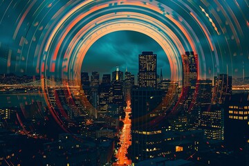 Wall Mural - A graphic of rainbow concentric circles overlays a monochromatic city skyline with skyscrapers, buildings, streets, sea, and bay under a cloudy sky, creating a striking optical illusion.