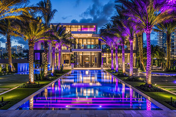 Wall Mural - Modern Florida tropical mansion home exterior design, blue and purple LED lights, swimming pool, palm trees