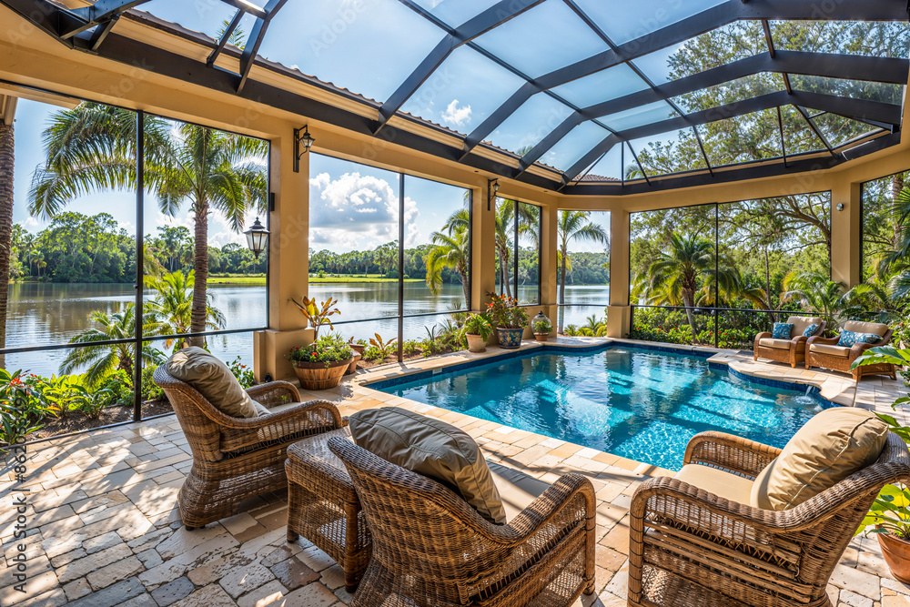 Florida luxury mansion lanai patio on the waterfront with screened in ...