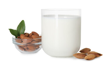 Sticker - Glass of almond milk and almonds isolated on white