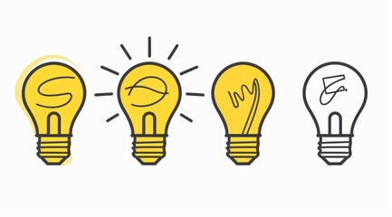 Wall Mural - A series of lightbulb icons in yellow, with one bulb having an outline drawn on it to represent idea generation and the other three filled with simple doodles symbolizing creativity and innovation.