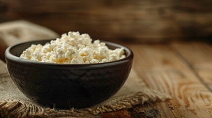 Wall Mural - Fresh homemade organic cottage cheese in dark ceramic bowl on brown table