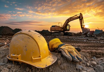 A yellow construction helmet and gloves on the background of an excavator at sunset, symbolizing safety in the building industry.