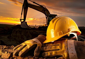 A yellow construction helmet and gloves on the background of an excavator at sunset, symbolizing safety in the building industry.