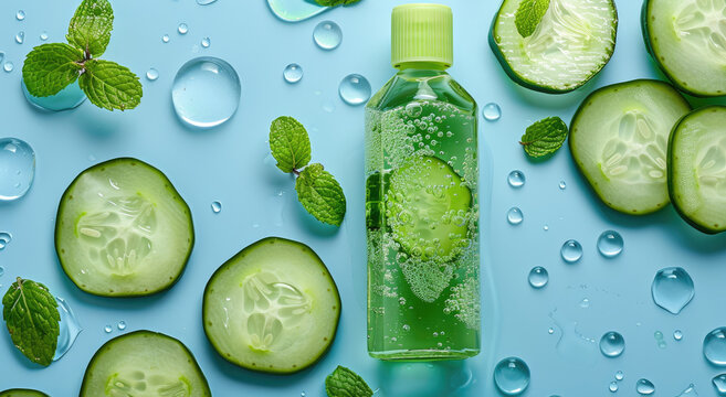 A bottle of green essence toner with cucumber and mint on a blue background, surrounded by water drops and sliced cucumbers