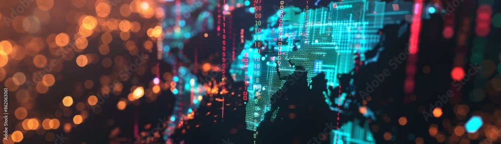Abstract digital world map with data visualization, depicting a global ...