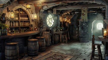 Wall Mural - Fantasy Tavern Inn: A fantasy tavern set with medieval decor, ale barrels, and mythical creatures for fantasy role-playing shows