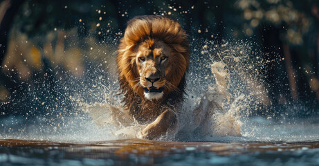 Wall Mural - A majestic lion with its mane flowing in the wind, charging through water splashing around it