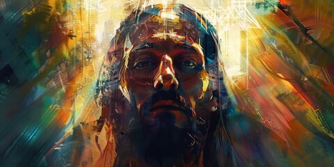 Majestic Statue of Jesus Christ with Colorful Stained Glass Background, Symbolizing Faith, Hope, and Christianity. High-Resolution AI-Generated Wallpaper for Religious and Festive Occasions.