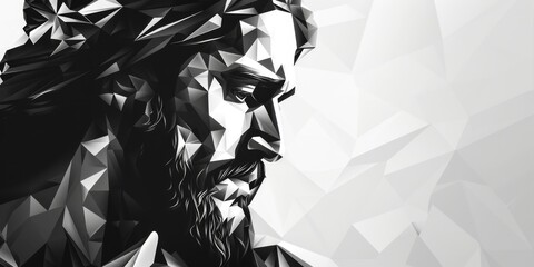 Wall Mural - Monochromatic Geometric Digital Illustration of Jesus Christ with Cross, Symbolizing Faith, Hope, and Christianity. AI-Generated High-Resolution Wallpaper for Religious and Festive Occasions