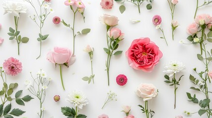 Wall Mural - Flat lay of fresh flowers on white background