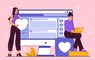 Wall Mural - online forum concept. women with laptop and white hearts. communication and interaction on internet.