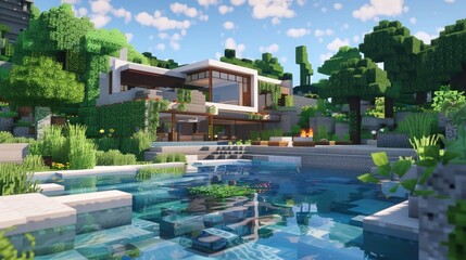 Canvas Print - Modern house with pool in a natural environment, generative ai