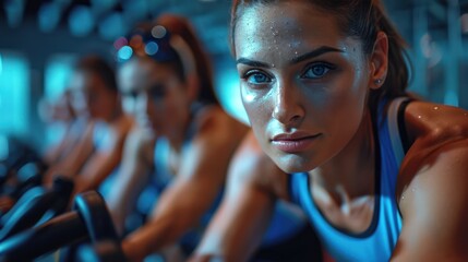 Wall Mural - Spinning Class Fitness Fun with Group of Sporty People at Gym