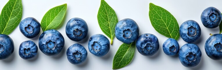 Wall Mural - Juicy Blueberry Delight: Closeup of Ripe Summer Fruits with Leaves Isolated on White Background - Food Photography