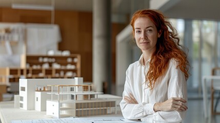 Wall Mural - A woman with red hair is sitting at a desk with a white shirt. Generate AI image